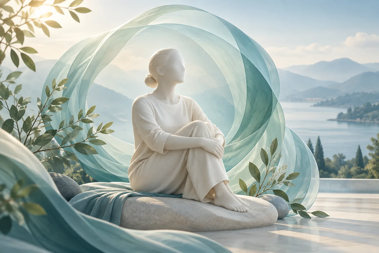 Conceptual illustration of a seated adult surrounded by soft teal layers and botanical forms representing whole-person care